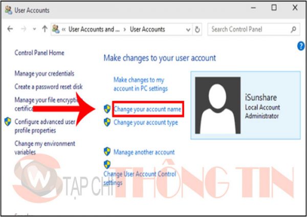 Cách đổi tên User trong win 10 bằng Control Panel - Bước 2