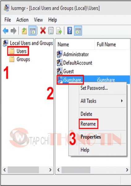 Cách đổi tên User trong win 10 bằng Local Users and Groups - Bước 3