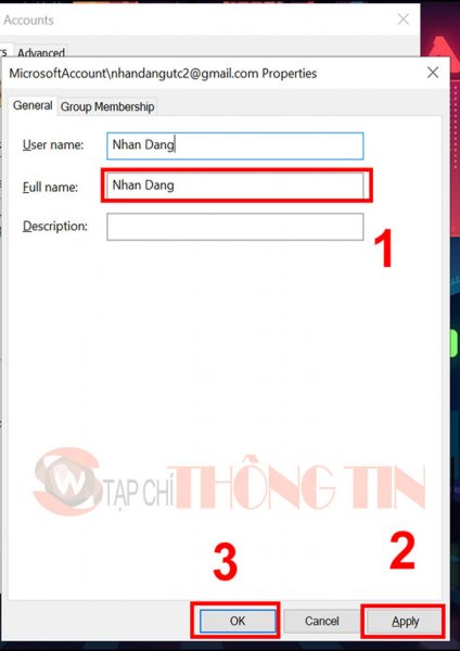 Cách đổi tên User trong win 10 bằng Netplwiz - Bước 3