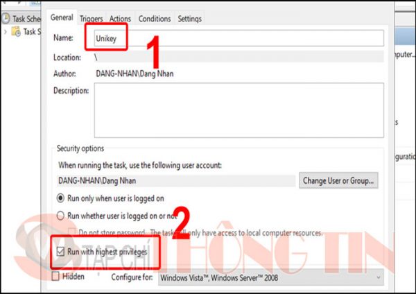 Unikey không khởi động cùng window 10 bằng Task Scheduler – Bước 3,2