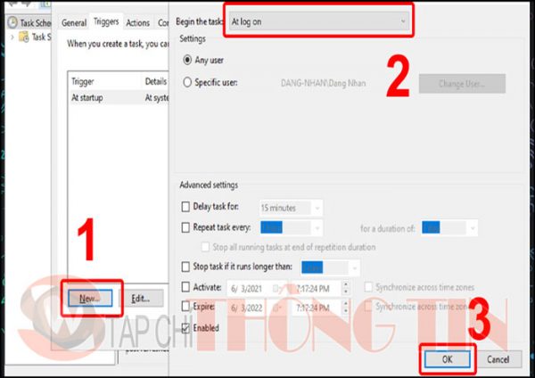 Unikey không khởi động cùng window 10 bằng Task Scheduler – Bước 3,4